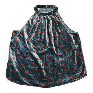 Loft Floral Velvet Shirred Halter Tank Top L Green Red Roses Whimsigoth Holiday